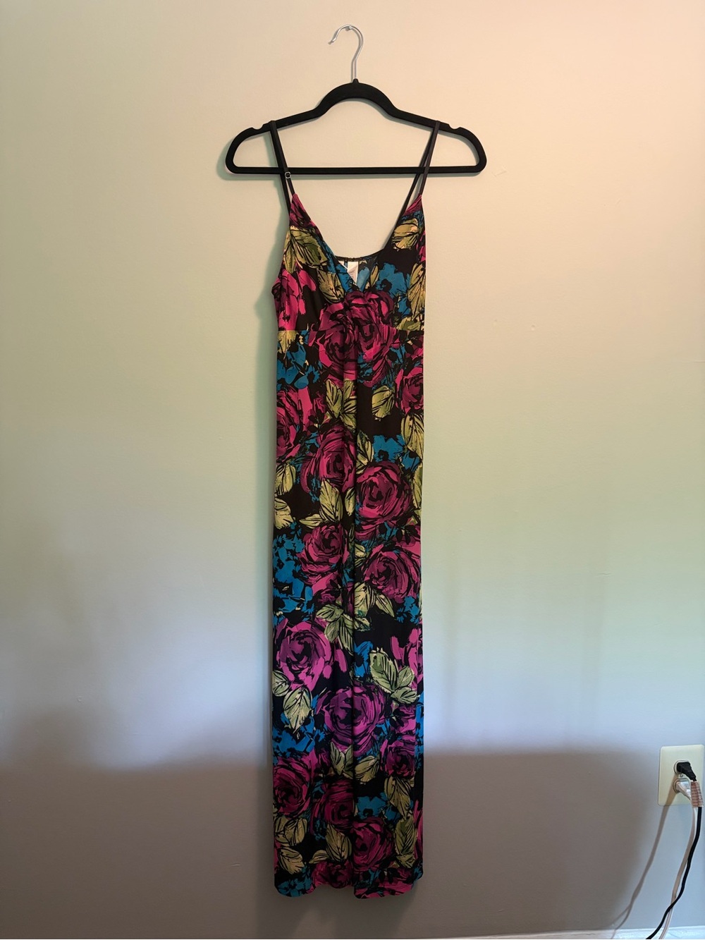 Floral Slip Maxi Dress in Black with Pink, Blue & Green Roses Y2K
